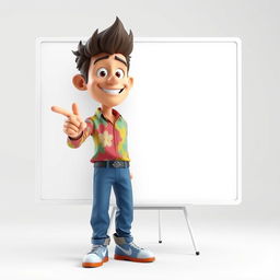 A highly detailed 3D character designed in PSD format, standing and pointing confidently at a large blank board