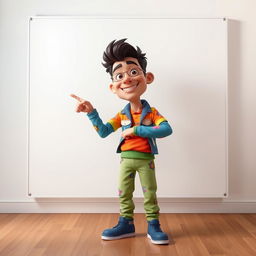 A highly detailed 3D character designed in PSD format, standing and pointing confidently at a large blank board