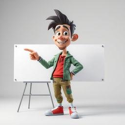 A highly detailed 3D character designed in PSD format, standing and pointing confidently at a large blank board