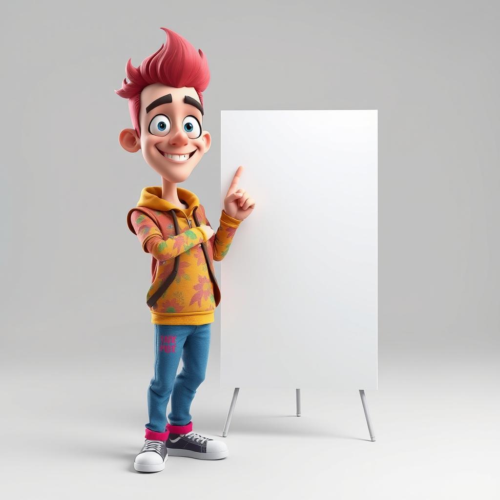 A highly detailed 3D character designed in PSD format, standing and pointing confidently at a large blank board