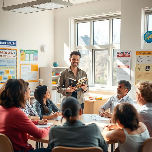 A friendly and enthusiastic language teacher standing in a bright classroom, holding a book titled 'Learn English'