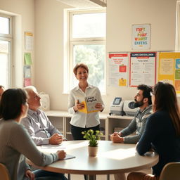 A friendly and enthusiastic language teacher standing in a bright classroom, holding a book titled 'Learn English'