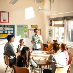 A friendly and enthusiastic language teacher standing in a bright classroom, holding a book titled 'Learn English'