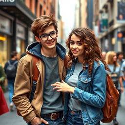 A confident young man named Bonifac, standing at 180 cm tall with glasses and short brown hair, is charming a girl named Lena who is 170 cm tall with long frizzy brown hair