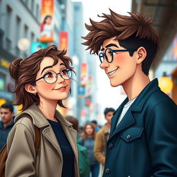 A confident young man named Bonifac, standing at 180 cm tall with glasses and short brown hair, is charming a girl named Lena who is 170 cm tall with long frizzy brown hair