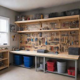 A spacious, well-lit workshop with a variety of tools hanging neatly on pegboards. The centerpiece is a sturdy workbench covered in blueprints. Shelves are filled with carefully organized components and materials.