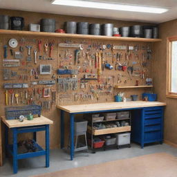 A spacious, well-lit workshop with a variety of tools hanging neatly on pegboards. The centerpiece is a sturdy workbench covered in blueprints. Shelves are filled with carefully organized components and materials.