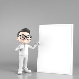 A 3D character wearing glasses, standing beside a massive blank board