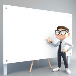 A 3D character wearing glasses, standing beside a massive blank board