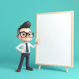 A 3D character wearing glasses, standing beside a massive blank board