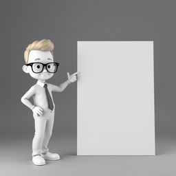 A 3D character wearing glasses, standing beside a massive blank board