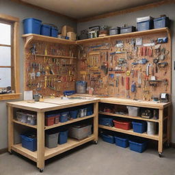 A spacious, well-lit workshop with a variety of tools hanging neatly on pegboards. The centerpiece is a sturdy workbench covered in blueprints. Shelves are filled with carefully organized components and materials.