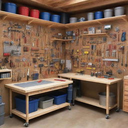 A spacious, well-lit workshop with a variety of tools hanging neatly on pegboards. The centerpiece is a sturdy workbench covered in blueprints. Shelves are filled with carefully organized components and materials.