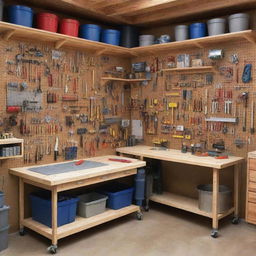 A spacious, well-lit workshop with a variety of tools hanging neatly on pegboards. The centerpiece is a sturdy workbench covered in blueprints. Shelves are filled with carefully organized components and materials.