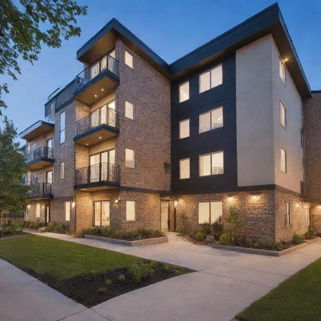 An appealing exterior view of a student-friendly apartment building, with a modern design, well lit, featuring shared outdoor spaces.