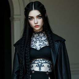 A young Aasimar woman in her twenties, possessing ethereal beauty with pale skin adorned with intricate black vine tattoos winding around her body