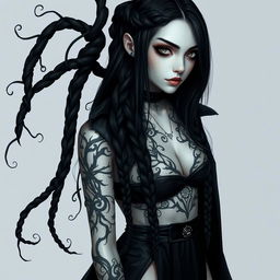 A young Aasimar woman in her twenties, possessing ethereal beauty with pale skin adorned with intricate black vine tattoos winding around her body