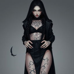 A young Aasimar woman in her twenties, possessing ethereal beauty with pale skin adorned with intricate black vine tattoos winding around her body