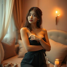 a beautiful Korean woman with a captivating aura, depicted in a sensual and intimate setting