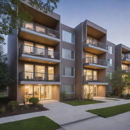 An appealing exterior view of a student-friendly apartment building, with a modern design, well lit, featuring shared outdoor spaces.