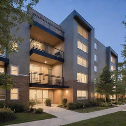 An appealing exterior view of a student-friendly apartment building, with a modern design, well lit, featuring shared outdoor spaces.