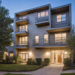 An appealing exterior view of a student-friendly apartment building, with a modern design, well lit, featuring shared outdoor spaces.