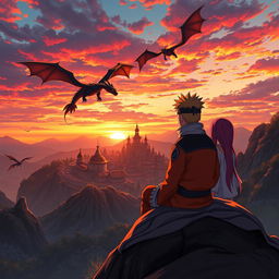 Naruto sitting on the edge of a mountain, gazing at a mystical village filled with majestic dragons in the distance