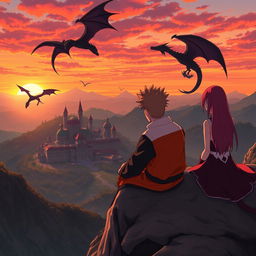 Naruto sitting on the edge of a mountain, gazing at a mystical village filled with majestic dragons in the distance