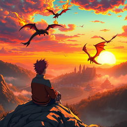 Naruto sitting on the edge of a mountain, gazing at a mystical village filled with majestic dragons in the distance