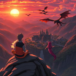 Naruto sitting on the edge of a mountain, gazing at a mystical village filled with majestic dragons in the distance