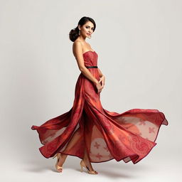 A sophisticated and stylish woman gracefully posing in a flowing, elegant dress