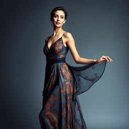 A sophisticated and stylish woman gracefully posing in a flowing, elegant dress