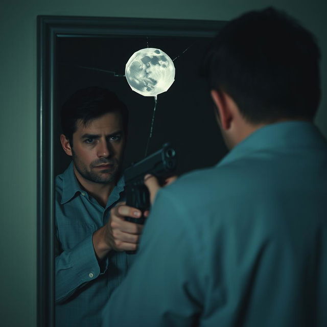 a man standing in front of a mirror with deep sadness in his eyes, pointing a gun at himself