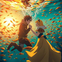 Naruto gently kisses Snow White's hand underwater as the golden hues of the sunset filter through the water, creating a magical glow