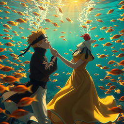 Naruto gently kisses Snow White's hand underwater as the golden hues of the sunset filter through the water, creating a magical glow