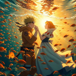 Naruto gently kisses Snow White's hand underwater as the golden hues of the sunset filter through the water, creating a magical glow