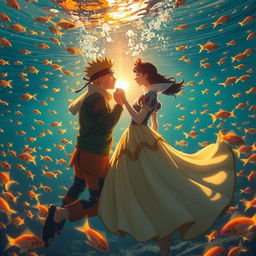 Naruto gently kisses Snow White's hand underwater as the golden hues of the sunset filter through the water, creating a magical glow