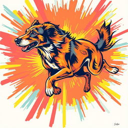 A vibrant screen print featuring a dog in motion, capturing the fluid and dynamic nature of the animal