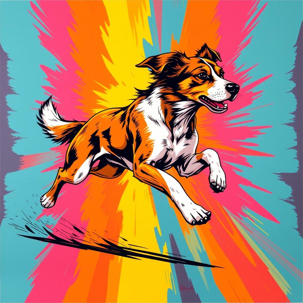 A vibrant screen print featuring a dog in motion, capturing the fluid and dynamic nature of the animal