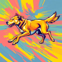 A vibrant screen print featuring a dog in motion, capturing the fluid and dynamic nature of the animal