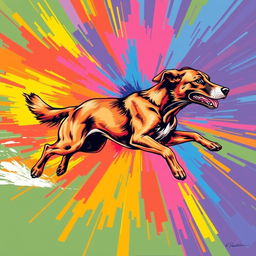 A vibrant screen print featuring a dog in motion, capturing the fluid and dynamic nature of the animal