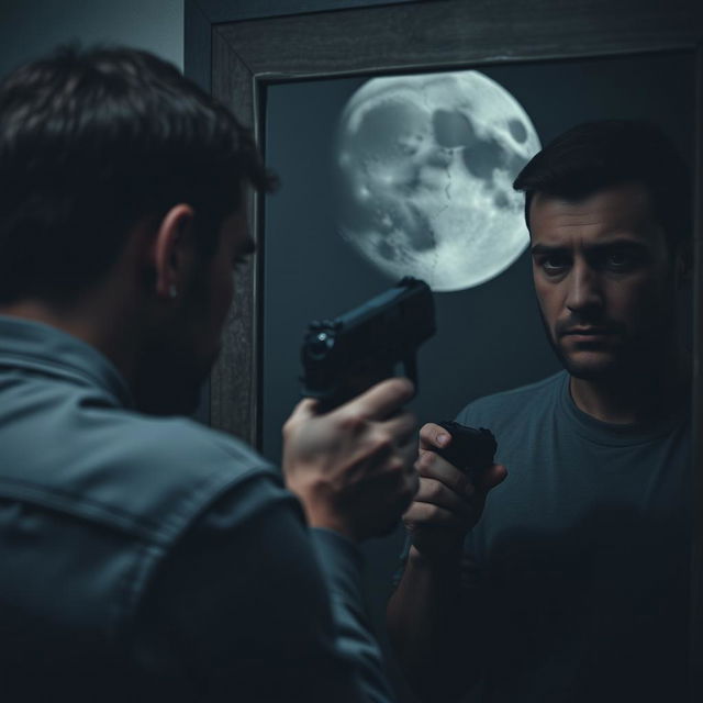 A man stands in front of a mirror, deep sadness in his eyes, holding a gun pointed at himself