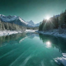 An icy landscape sparkling under the sun, entirely rendered in shades of brilliant emerald green