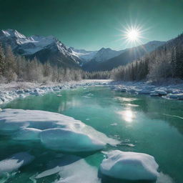 An icy landscape sparkling under the sun, entirely rendered in shades of brilliant emerald green