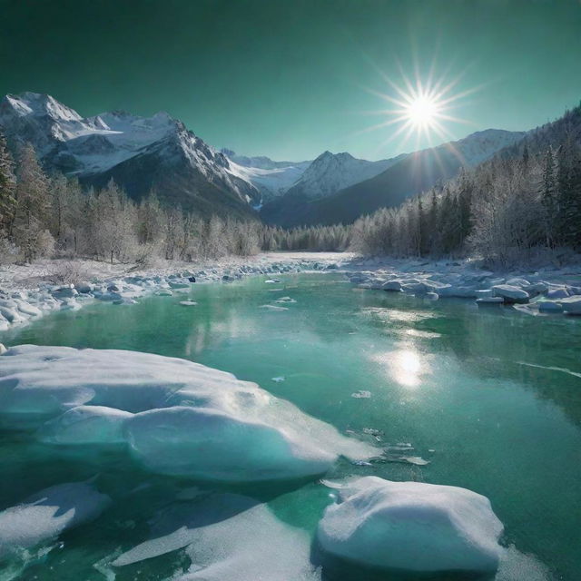 An icy landscape sparkling under the sun, entirely rendered in shades of brilliant emerald green