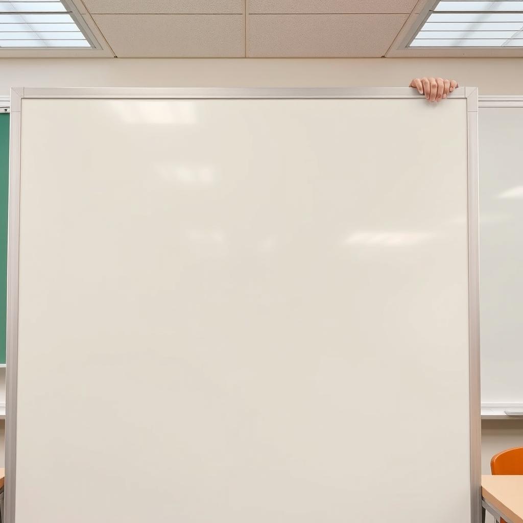 A classroom scene featuring a large, blank whiteboard at the forefront