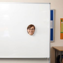 A classroom scene featuring a large, blank whiteboard at the forefront