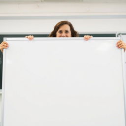 A classroom scene featuring a large, blank whiteboard at the forefront