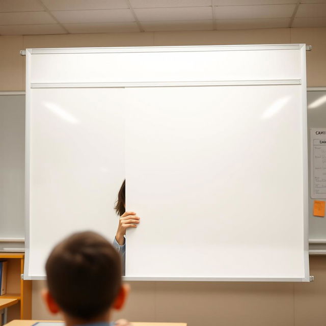 A classroom scene featuring a large, blank whiteboard at the forefront