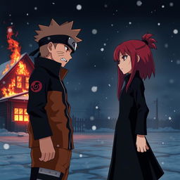 Naruto, depicted with an intense expression of anger, faces a girl with striking red hair and red eyes